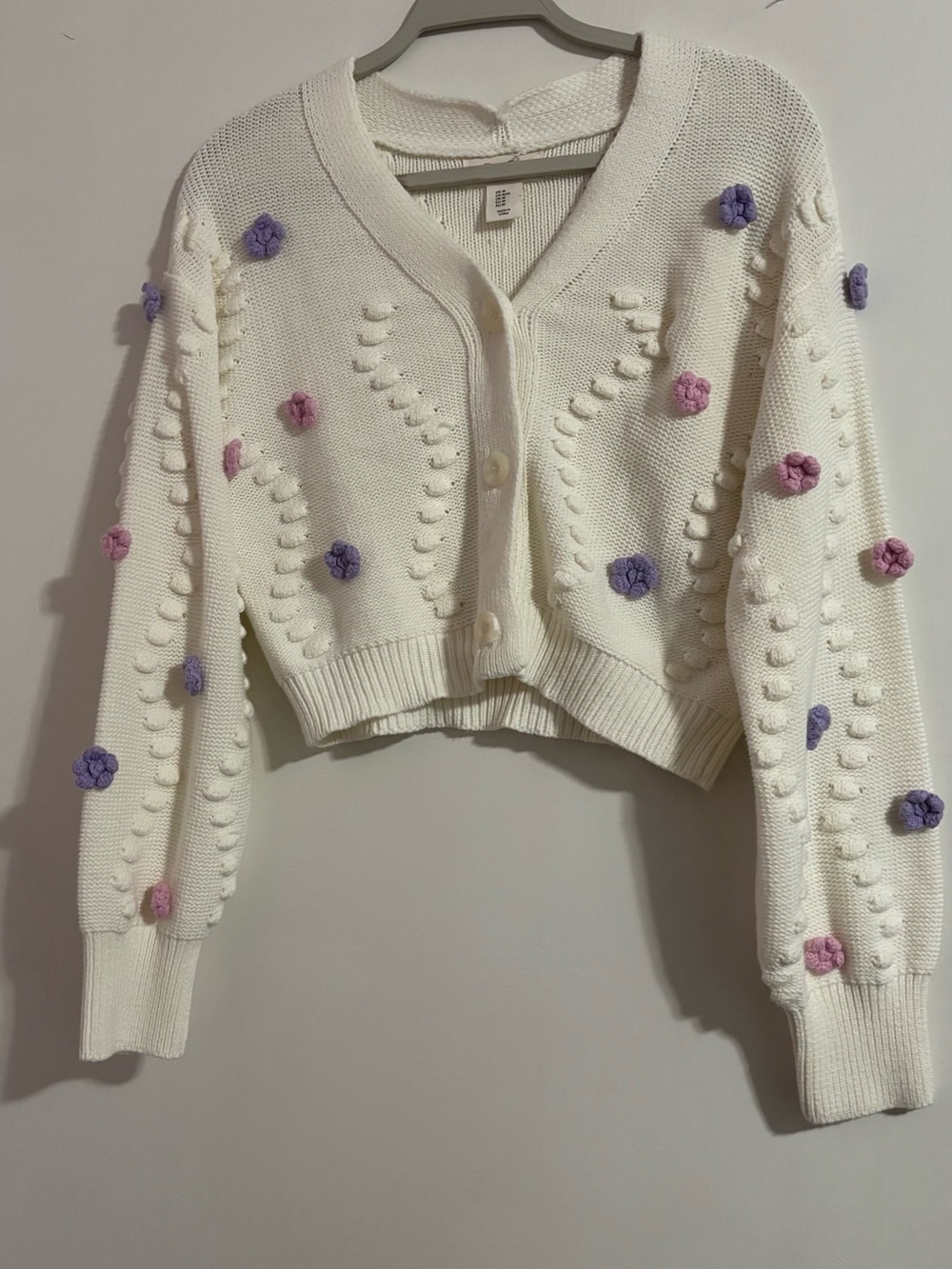 Jessica Simpson Cropped Cream Cardigan with Pink & Lavender flowers